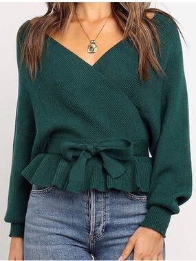 Fashion Nova Dark Green V-Neck Wrap Sweater with Tie Waist